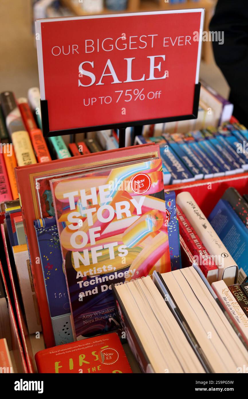 La storia del libro NFT raffigurato nel cestino di vendita di Waterstones a Chichester, West Sussex, Regno Unito. Foto Stock