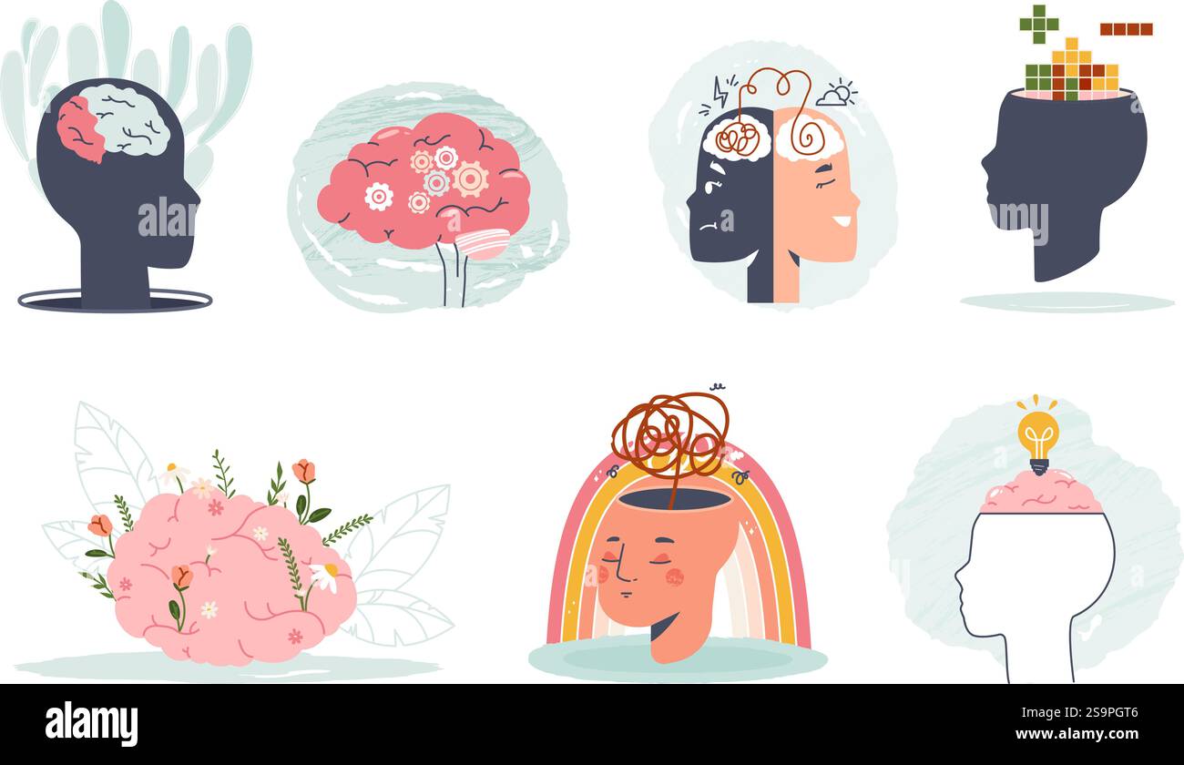 Problemi mentali e malattie psicologiche. Modi diversi di pensare, positivi e negativi, di affrontare te stesso. Sviluppo del cervello, abilità dure e morbide Illustrazione Vettoriale
