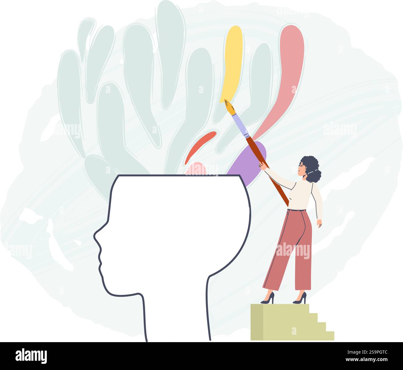 Donna che colora pensieri negativi e neutri in colori brillanti. Calma mentale, pensiero creativo e vista positiva della vita. Risultati psicoterapici Illustrazione Vettoriale