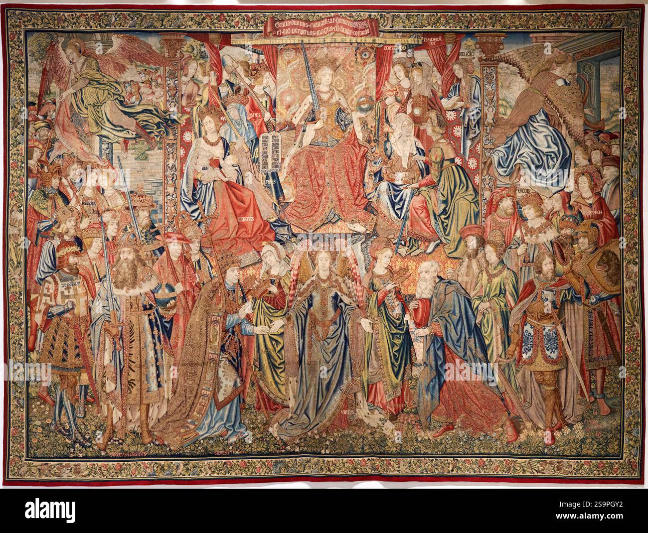 ATTRIBUITO A PIETER VAN AELST (ATTIVO dal 1495 al 1531), WEAVER, Grace Announces the Honours, Moralities series, Bruxelles-Brabante, circa 1515, arazzo; gol Foto Stock