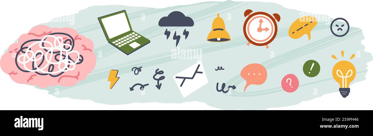 Icone piccole di Office Doodle. Cervello, laptop, busta postale. Sveglia con scadenza, bolle vocali, lampadina idea e campana gialla, set vettoriale Illustrazione Vettoriale