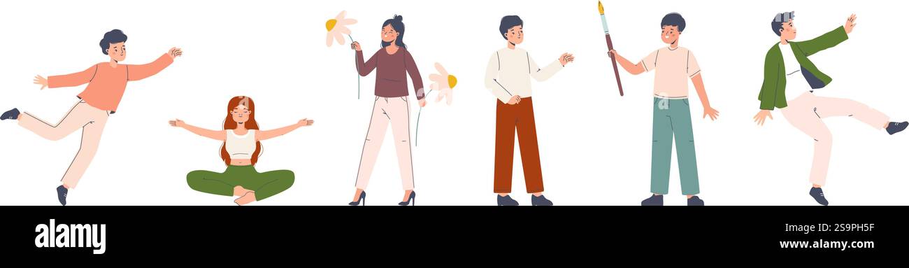 Persone in diverse pose attive. Adolescenti carini, meditazione femminile e fiori in mano. Uomini che volano e cadono, ragazzo che dà spazzola ad un amico, vettore Illustrazione Vettoriale