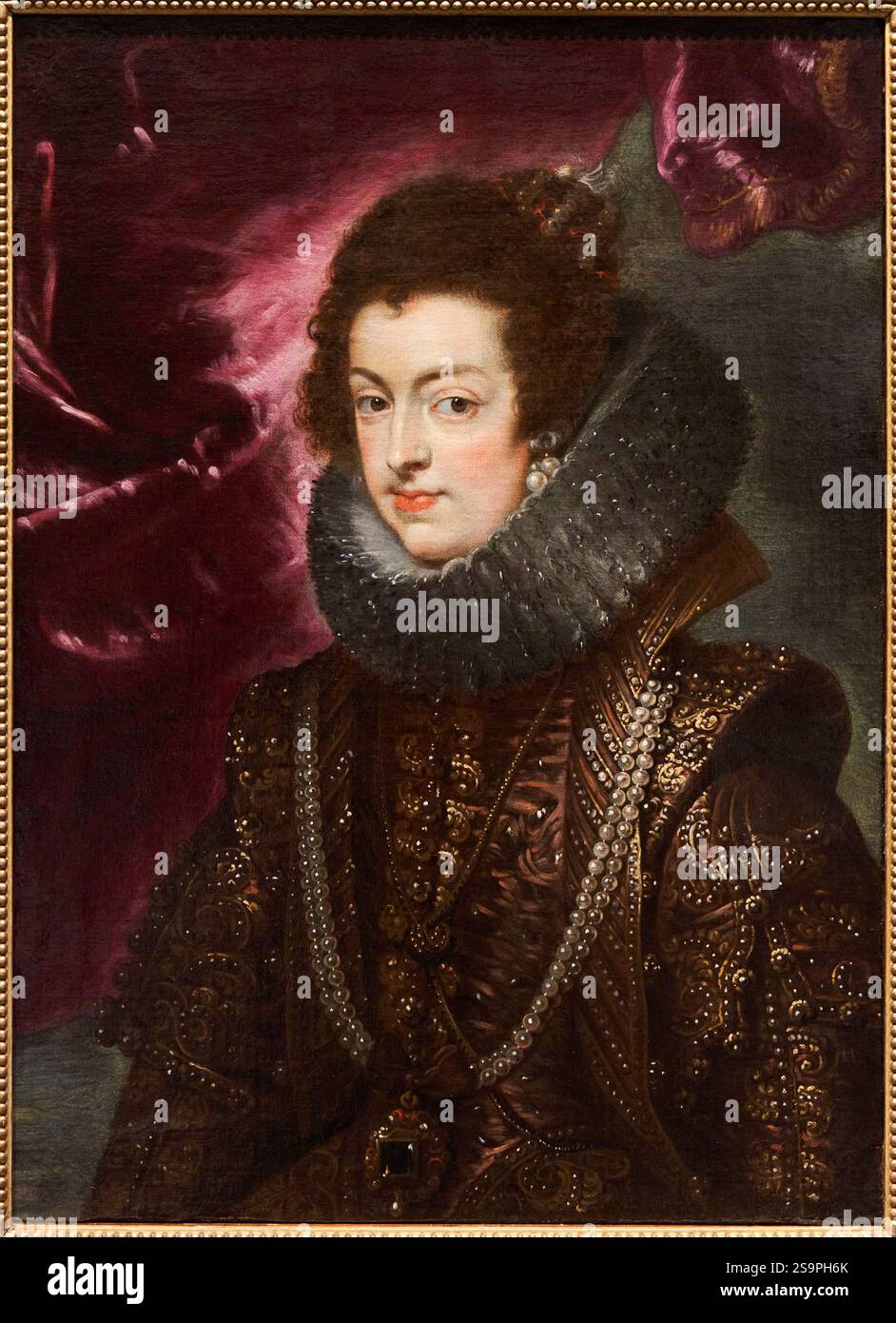 LABORATORIO DI PETER PAUL RUBENS (1577-1640), Isabella di Borbone vestita in Brocade, circa 1632, olio su tela, Galleria delle collezioni reali, Galería de la Foto Stock