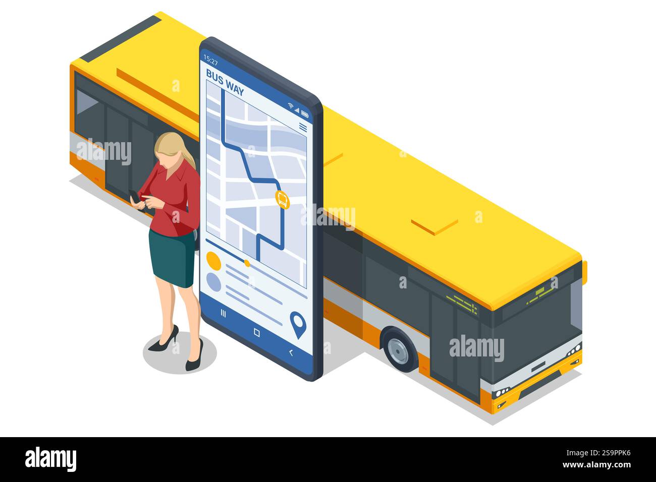 Un design isometrico che mostra una donna che pianifica il viaggio in autobus tramite un'applicazione mobile accanto a un grande autobus, simboleggiando il turismo integrato nella tecnologia Illustrazione Vettoriale