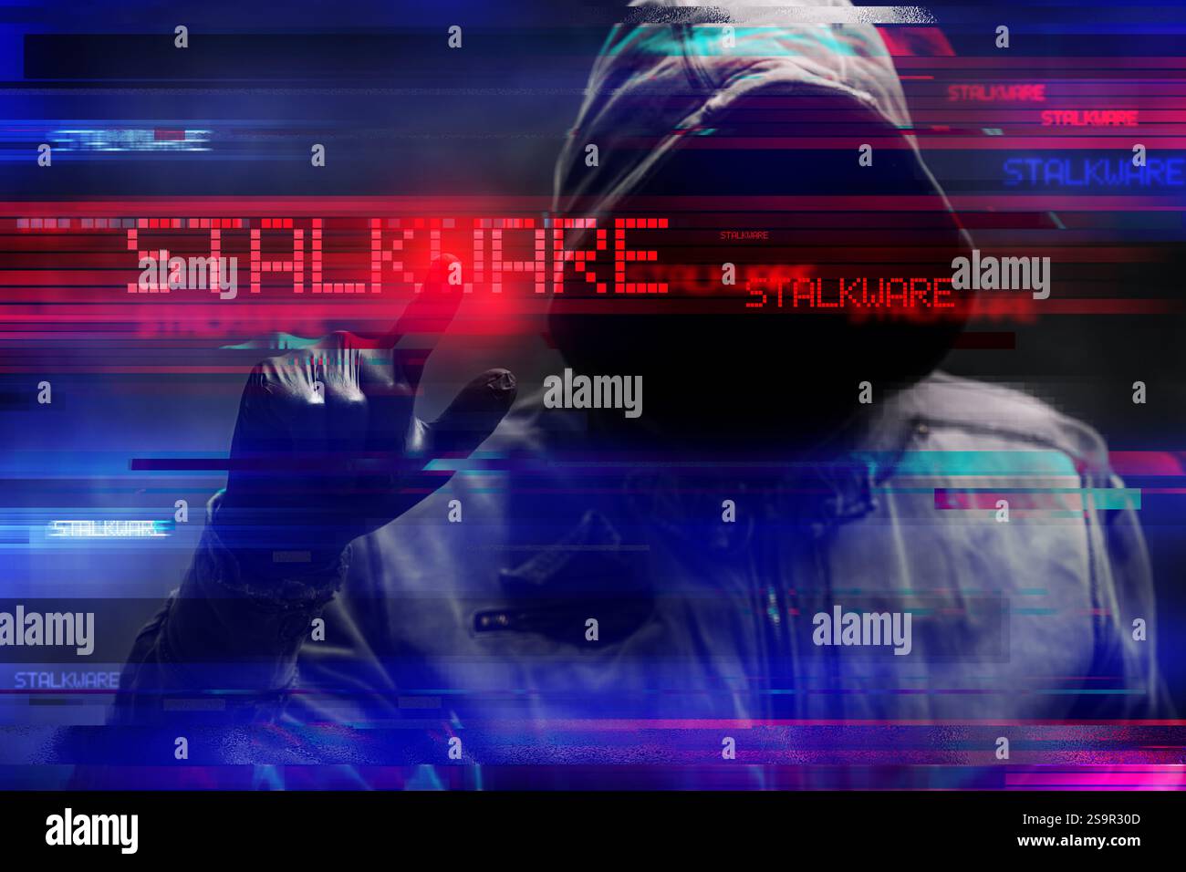 Concetto Stalkware con uomo senza volto con cappuccio, immagine bassa con effetto glitch digitale, messa a fuoco selettiva Foto Stock