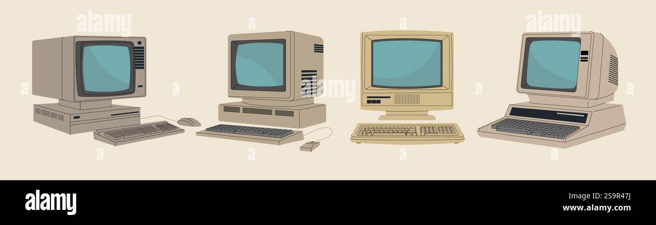 Computer retrò. Vecchi pc e apparecchiature elettroniche dispositivi retrò anni '80 o '90 recenti illustrazioni vettoriali piatte Illustrazione Vettoriale