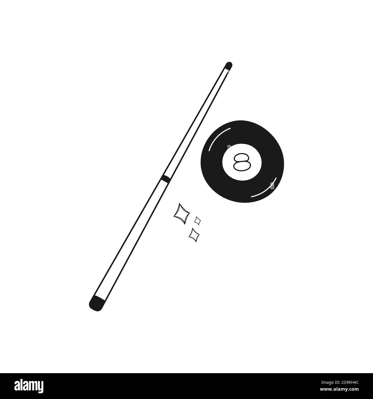 Cue da biliardo e illustrazione vettoriale a 8 sfere. Design minimalista in bianco e nero. Branding della piscina, blog sportivi, poster e merchandising. Per il tempo libero Illustrazione Vettoriale