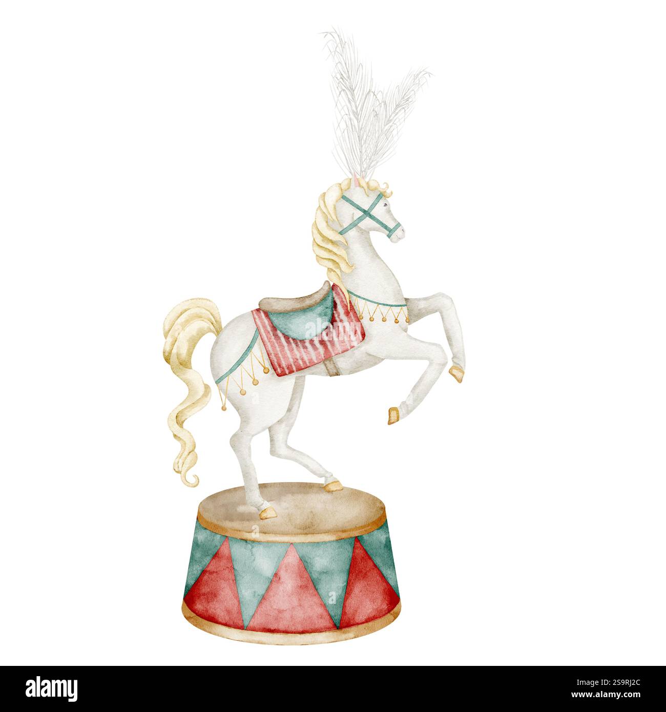 White Circus Horse con un copricapo di piume su piedistallo. Illustrazione ad acquerello di animali per spettacoli di Carnevale su sfondo isolato. Disegno per feste o biglietti d'auguri per bambini. Foto Stock