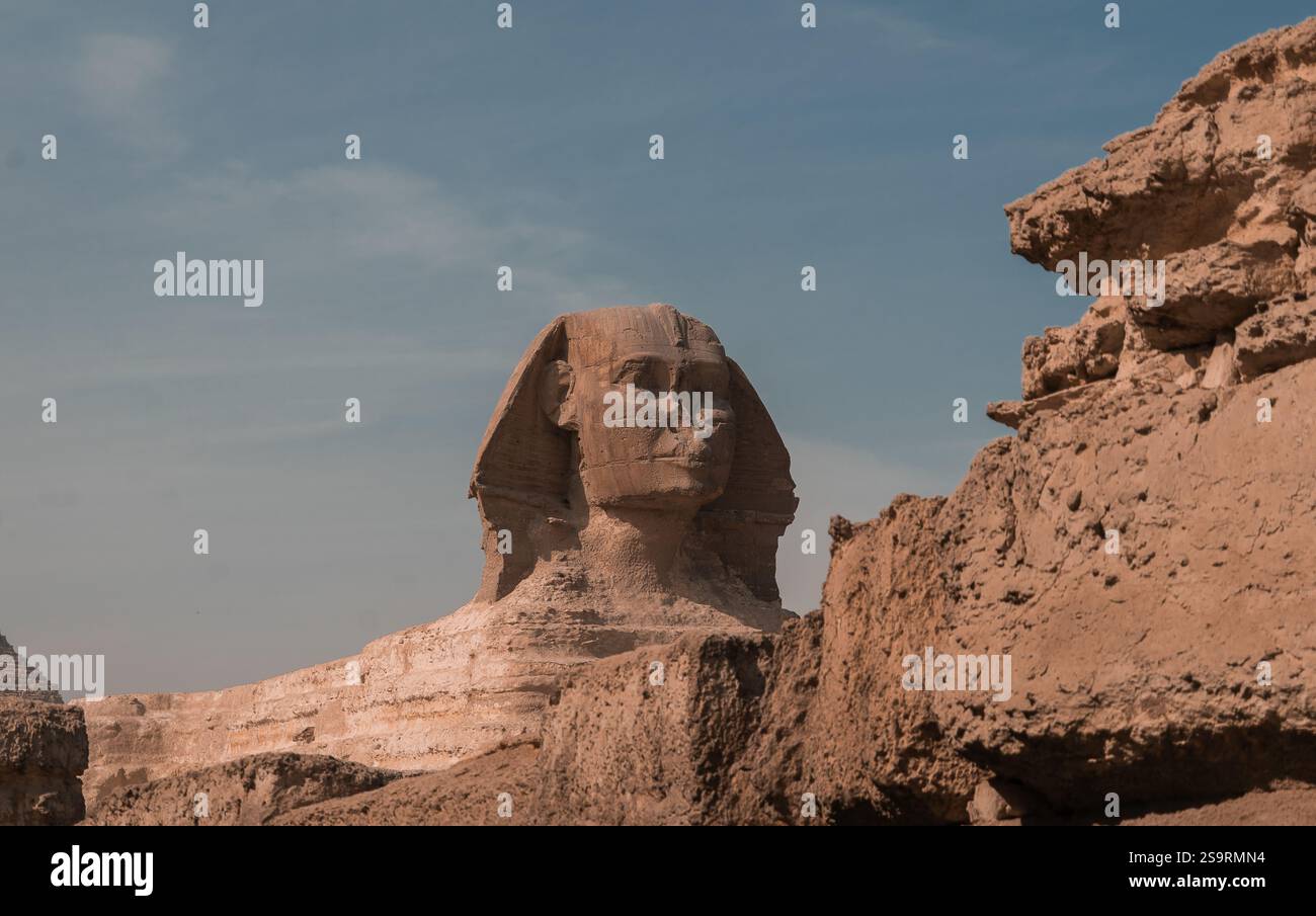 Fotografia della Sfinge. Viaggio turistico in Egitto. Piramidi di Giza. Archeologia. Il Cairo. Fotografia per agenzia di viaggi. Foto Stock