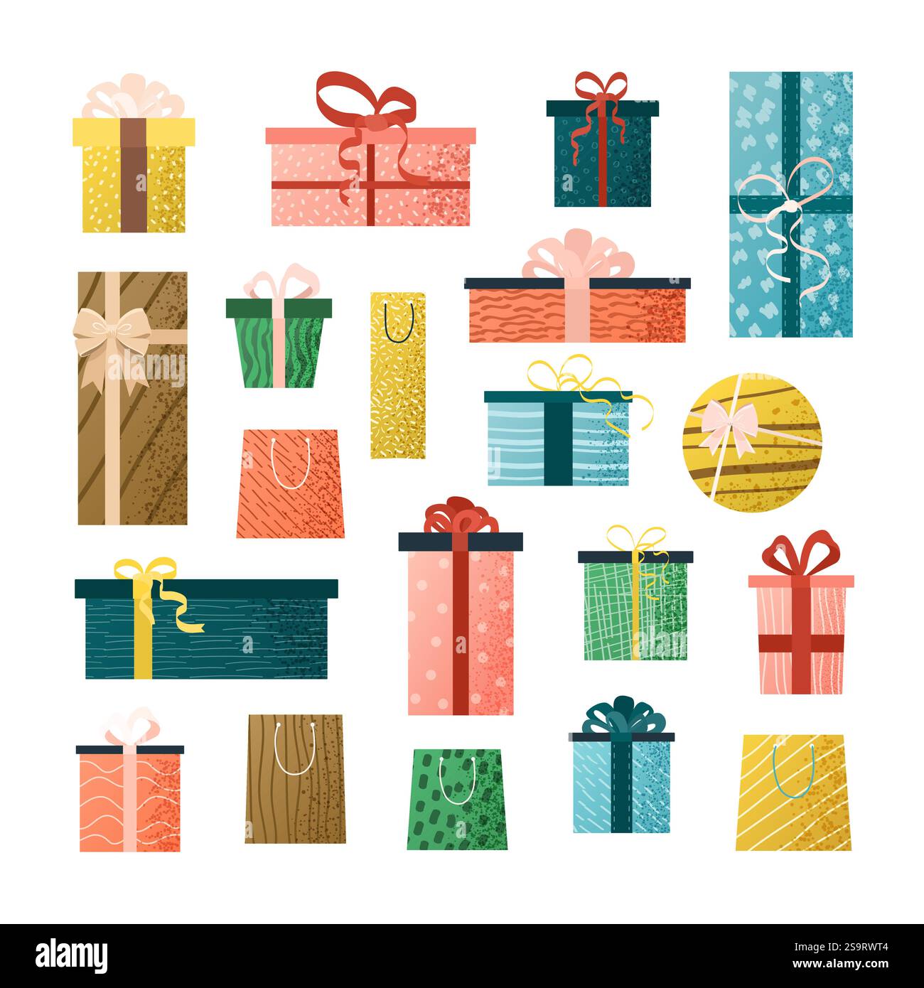 Set di confezioni regalo e borse. Illustrazioni isolate Illustrazione Vettoriale