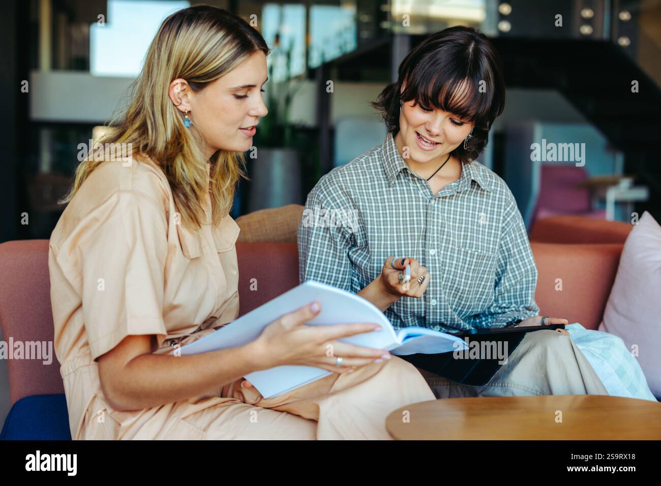 Due studenti delle scuole superiori che studiano in un ambiente confortevole, si impegnano nell'apprendimento collaborativo e nella preparazione agli esami. Foto Stock