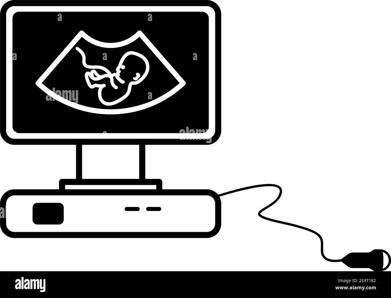 Macchina a ultrasuoni che visualizza il feto durante la gravidanza, illustrazione del simbolo dell'icona Illustrazione Vettoriale