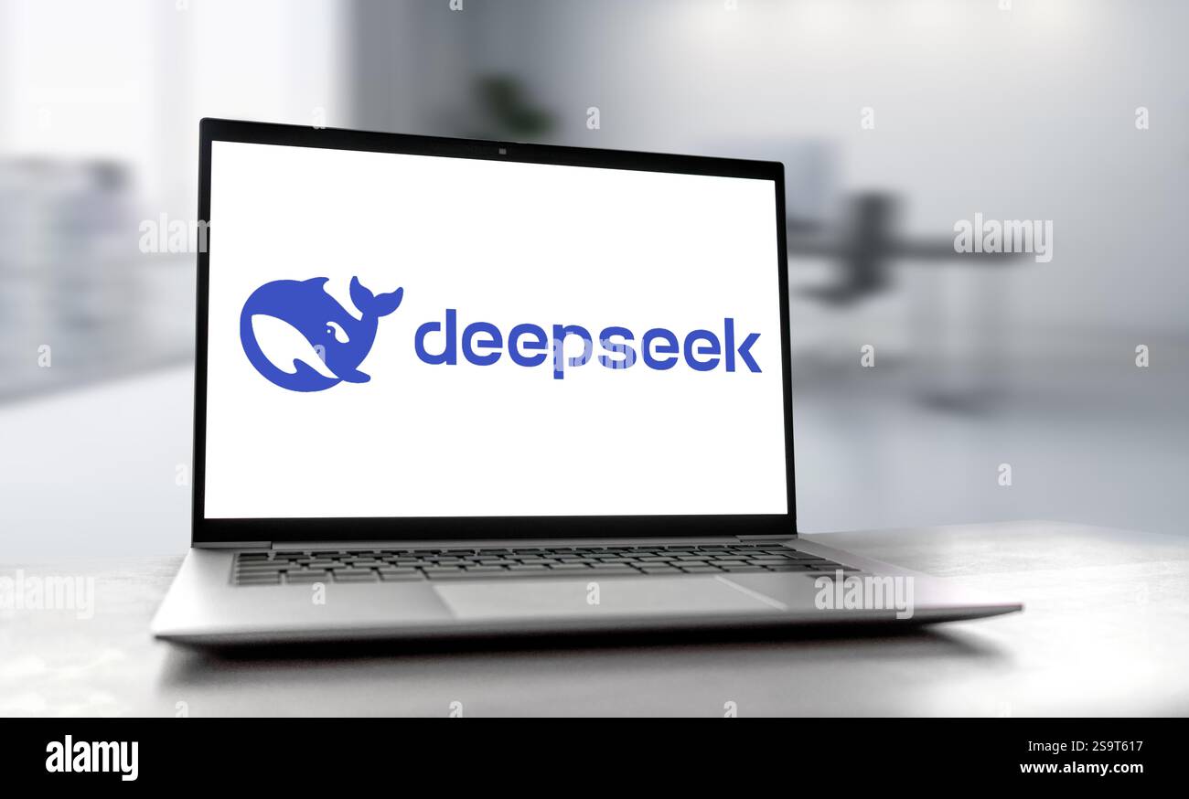 Logo Deepseek visualizzato sul notebook Foto Stock