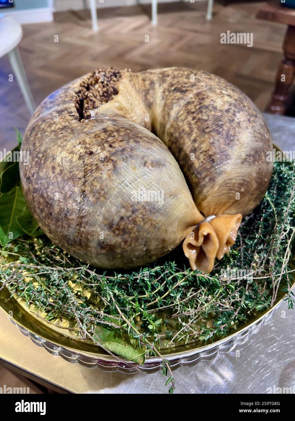 Tradizionale Haggis scozzese su un letto di timo fresco. Servita per la cena Burns la notte di Burns. Una cena Burns è una celebrazione della vita e della poesia Foto Stock