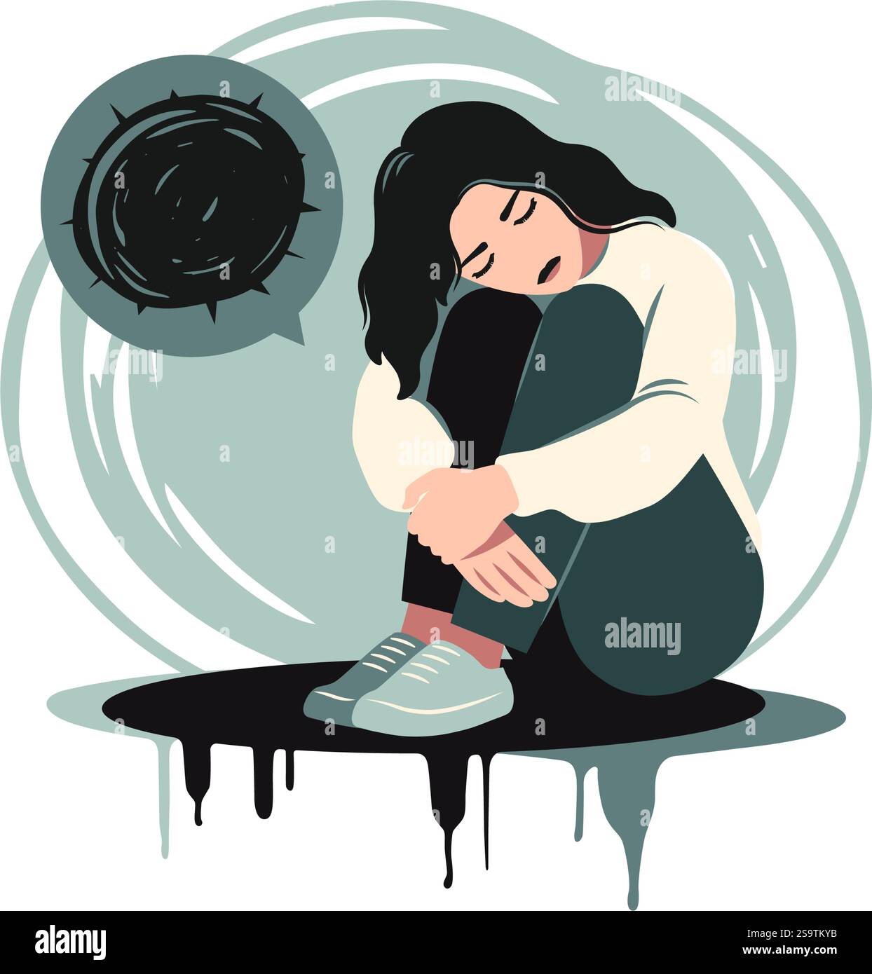 Donna depressa seduta sul pavimento. Concetto di salute mentale. Depressione, disturbo bipolare, ossessivo compulsivo, disturbo da stress post traumatico. Vettore Illustrazione Vettoriale