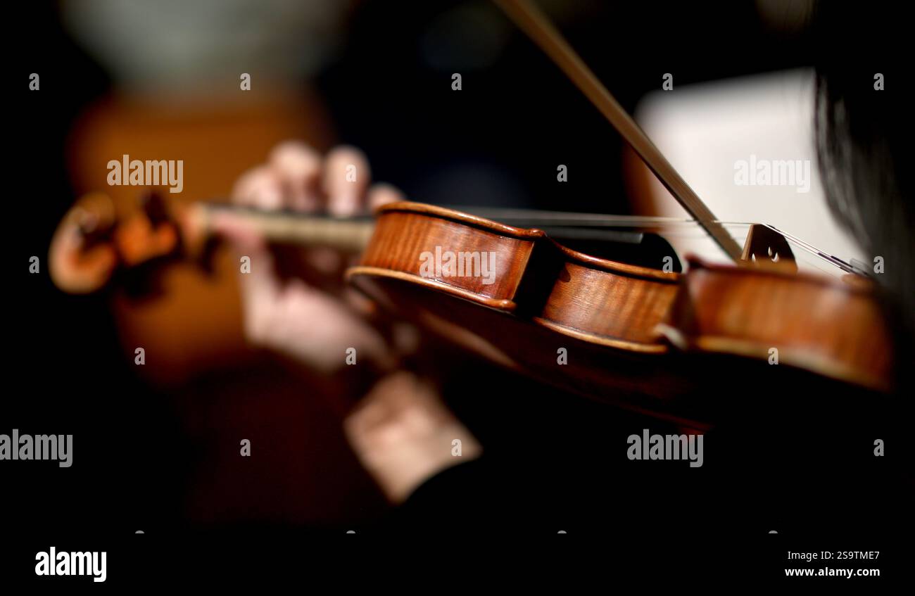 Primo piano delle mani che suonano un violino. Foto Stock
