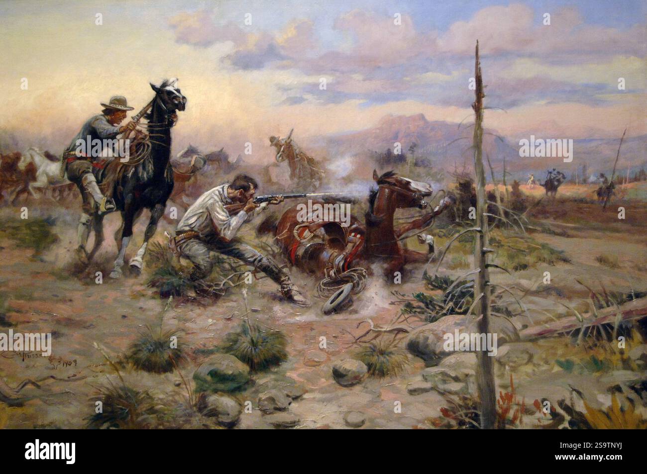 Charles Marion Russell (1864-1926). Artista americano. When Horseflesh Comes High, 1909. Olio su tela. Museo d'arte di Denver. Denver, Colorado, Stati Uniti. Foto Stock