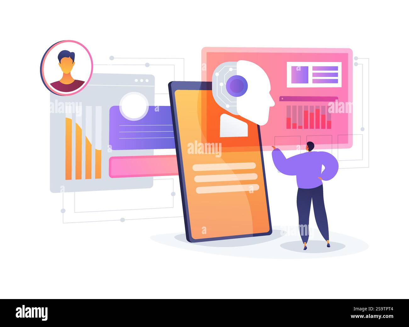 Illustrazione vettoriale del concetto astratto di Customer Engagement Analytics basata sull'INTELLIGENZA ARTIFICIALE. Illustrazione Vettoriale