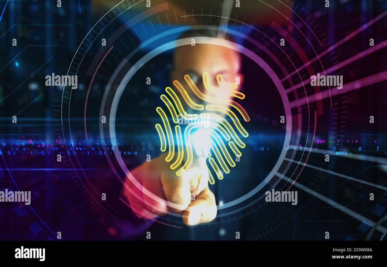 Impronta digitale identificazione biometrica accesso simbolo di sicurezza concetto 3d astratto digitale. Touch screen con le dita. tecnologia informatica e background di rete. Foto Stock