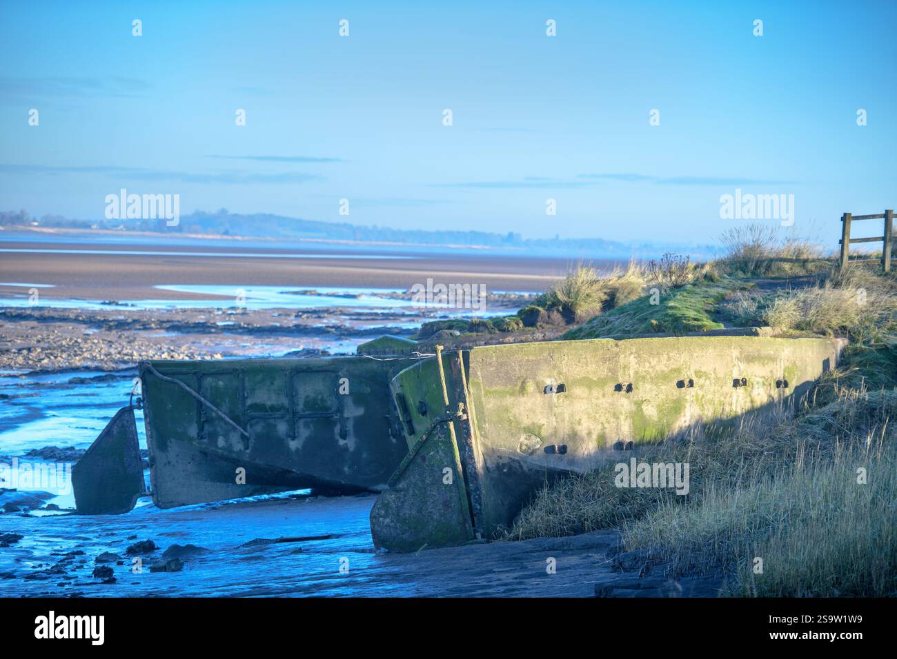 Vedute gelide dei Purton Hulks, navi deliberatamente sbarcate sul fiume Severn vicino a Sharpness per proteggere le rive tra l'estuario delle maree e il fiume Foto Stock