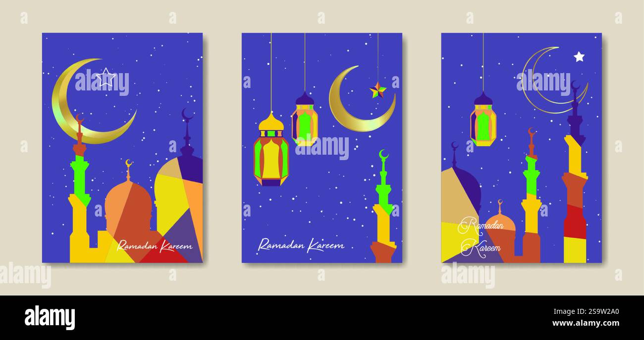 Carta colorata con set vettoriale Ramadan Kareem 2025. Mezza luna dorata su sfondo stellato. Poster delle vacanze moderne, moschea simbolo islamico, lanterne. Musulmano Illustrazione Vettoriale