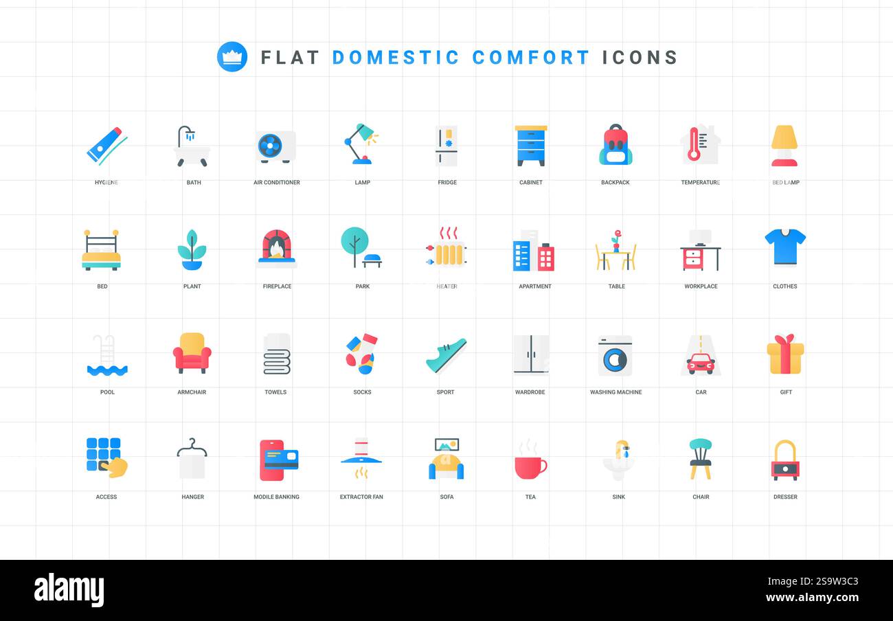 Apparecchiature per l'igiene e apparecchi elettrici per il comfort domestico. Mobili e piante di appartamento, area parco e piscina, frigorifero in cucina elementi piatti illustrazione vettoriale Illustrazione Vettoriale