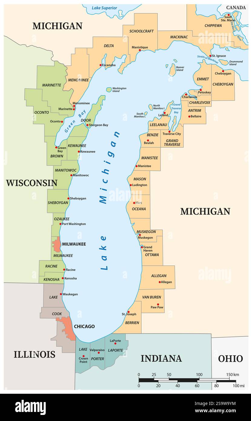 Mappa delle città e delle contee sul lago Michigan, Stati Uniti Foto Stock