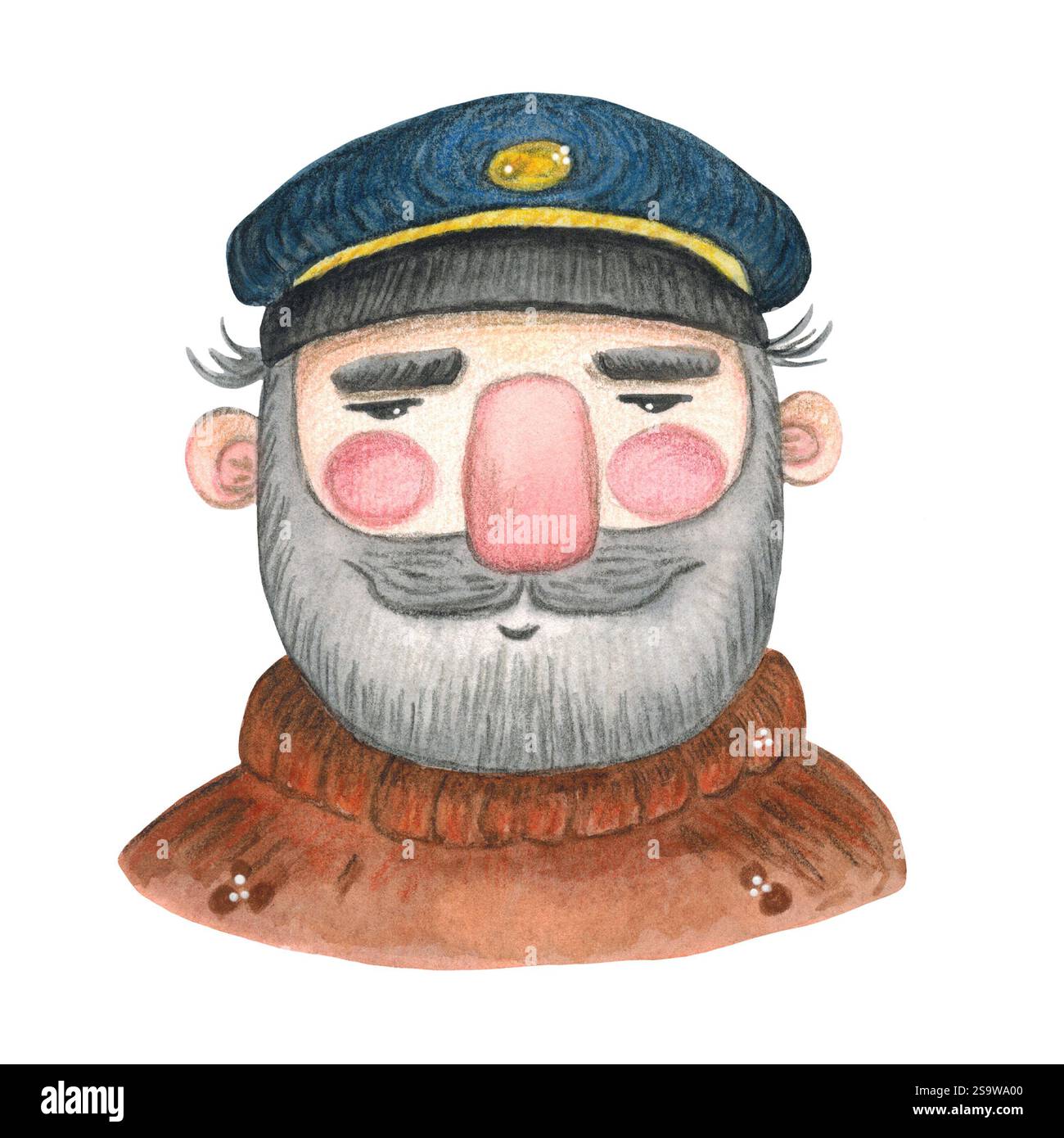 Vecchio personaggio dei cartoni animati del marinaio disegnato a mano. Disegno per stampa, adesivi, poster, scrapbooking. Mare, viaggi, vela, marina, ocea Foto Stock