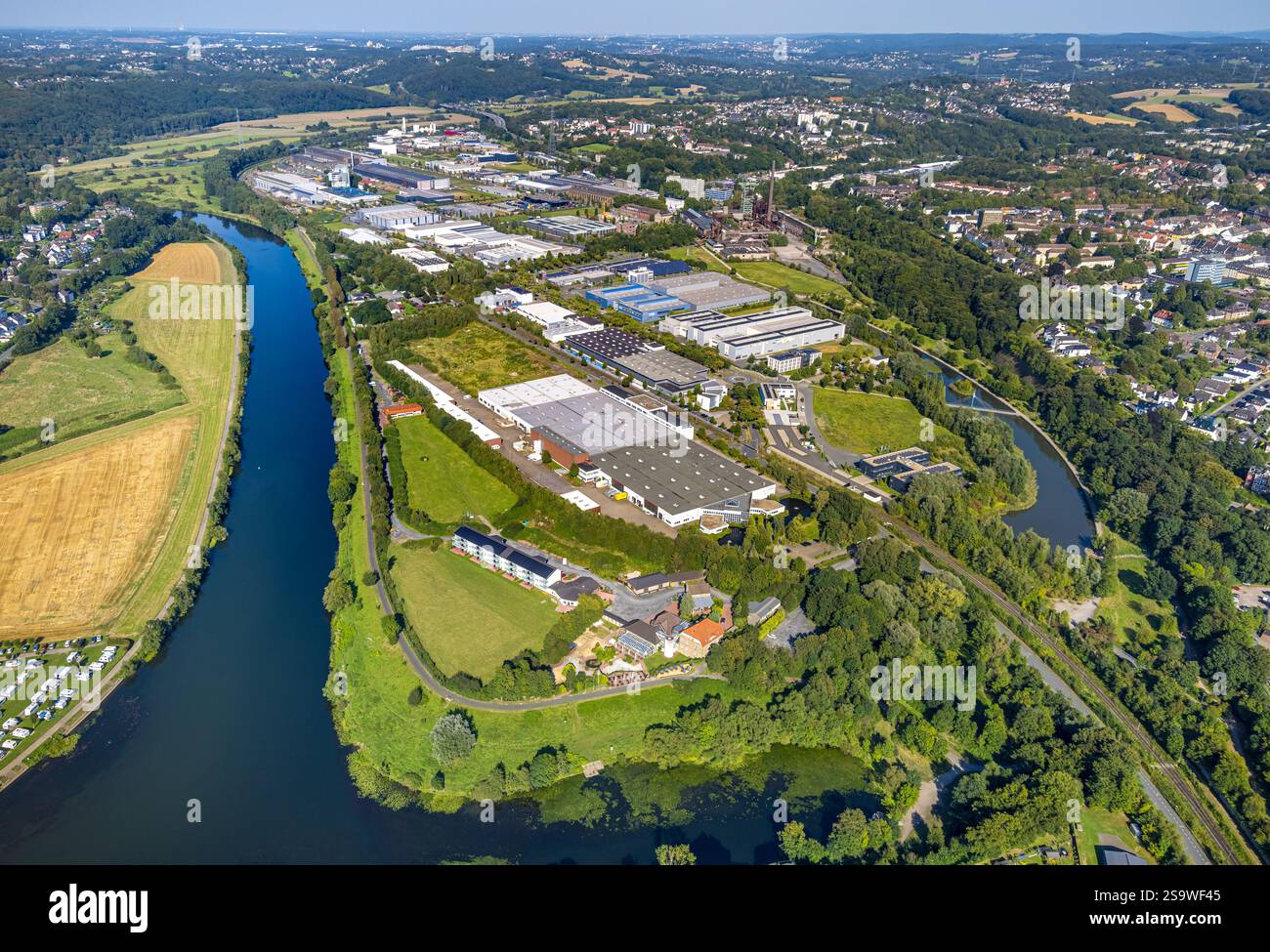 Vista aerea, parco paesaggistico di Henrichshütte e museo industriale sul fiume Ruhr, Hattingen, zona della Ruhr, Renania settentrionale-Vestfalia, Germania Foto Stock