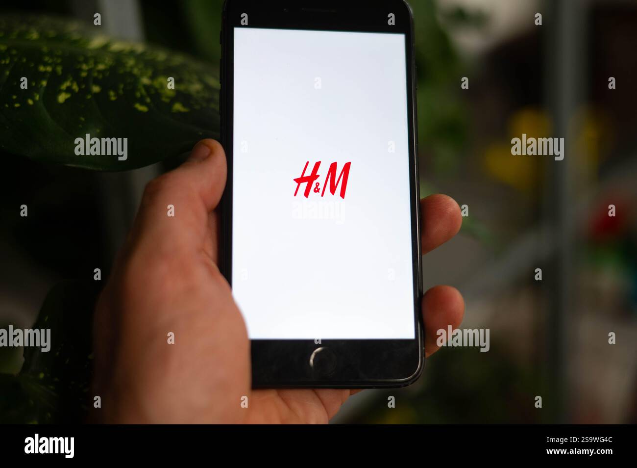 Una persona sta aprendo l'app H&M Storet su un telefono. H&M è una multinazionale svedese di abbigliamento al dettaglio. Foto Stock