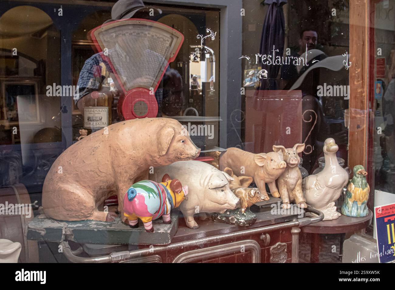 Affascinante esposizione di animali in ceramica all'esterno di un negozio di antiquariato ad Avignone. Foto Stock