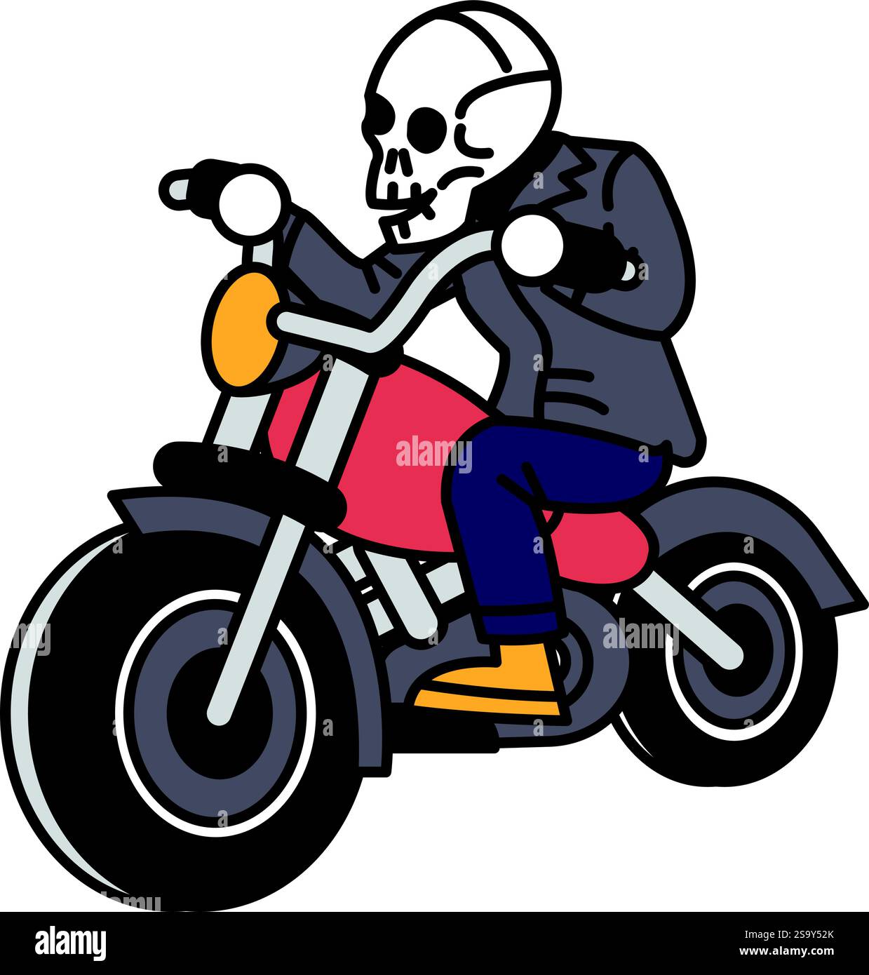 Uno scheletro sta guidando una motocicletta. Lo scheletro indossa una giacca di pelle e un jeans. La moto è rossa Illustrazione Vettoriale