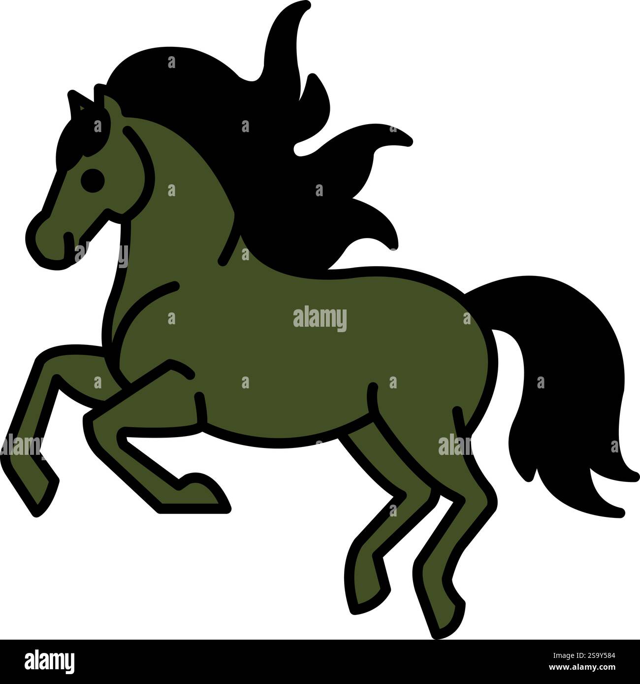 Un cavallo con una lunga criniera e coda sta correndo. Il cavallo è nero e marrone. Il cavallo sta correndo in linea retta Illustrazione Vettoriale