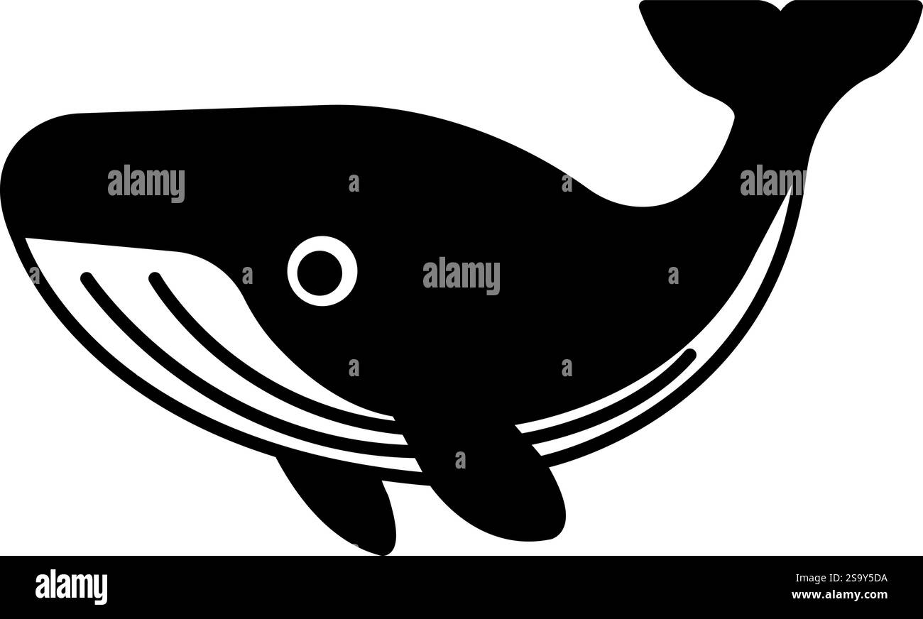 Una balena nera è mostrata su sfondo bianco. La balena è il punto focale principale dell'immagine, e sta nuotando nell'oceano. Il colore bianco e nero sch Illustrazione Vettoriale