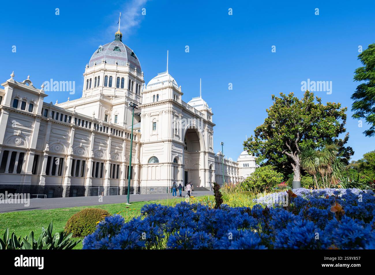 La luminosa facciata in pietra bianca del Royal Exhibition Building all'interno dei Carlton Gardens contrasta con un cielo azzurro e un agapanto viola a Melbourne Foto Stock