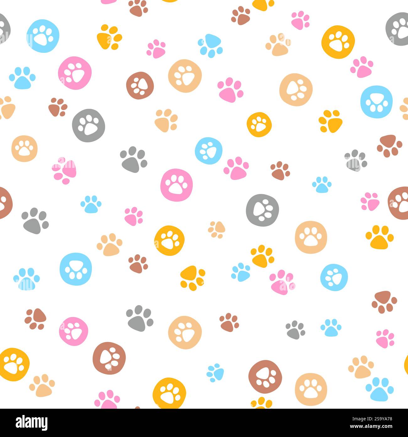 Disegno vettoriale a mano senza cuciture. Stampe di zampe disposte di animali domestici in colori pastello a pois su sfondo bianco Illustrazione Vettoriale