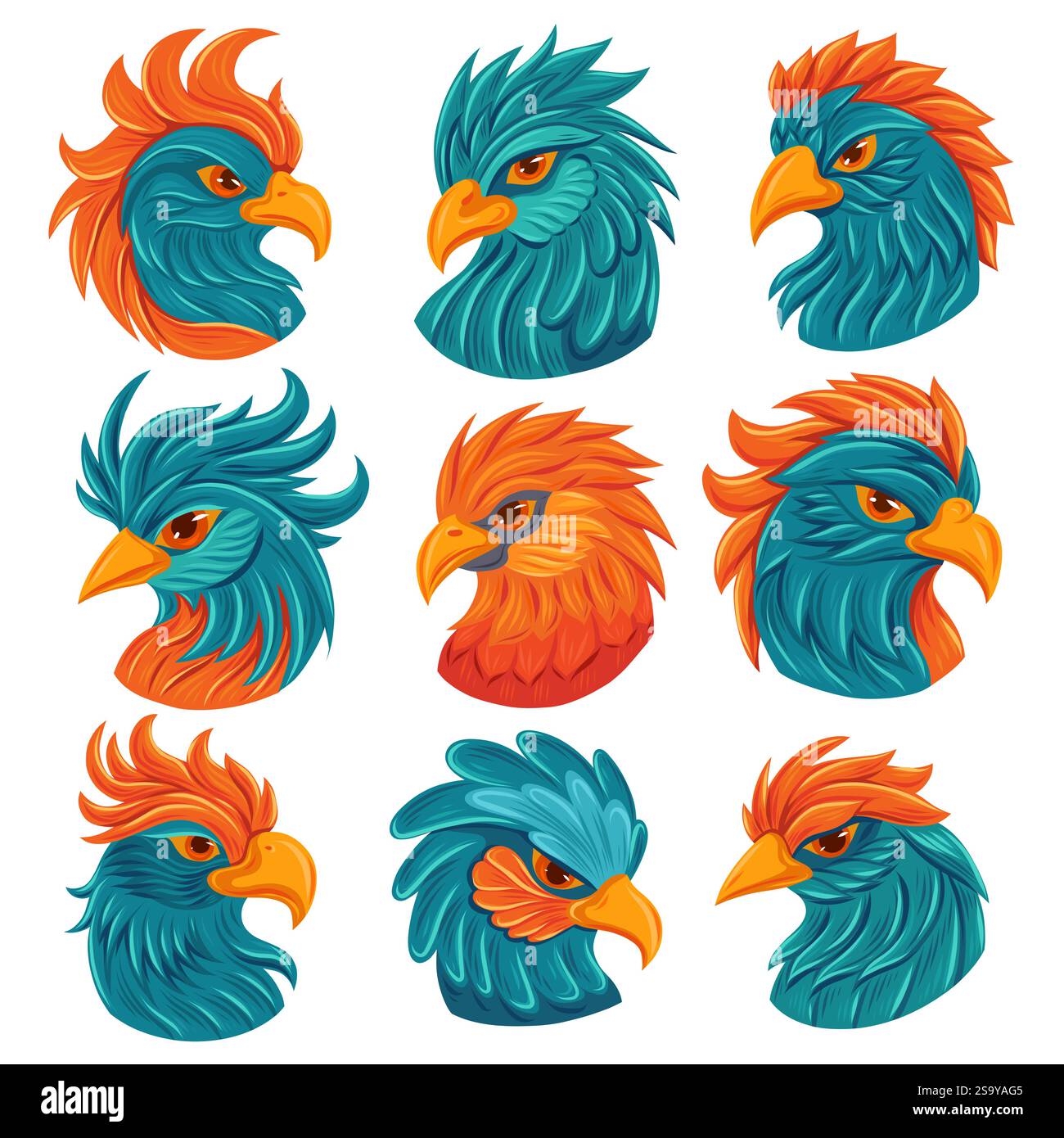 Collezione vettoriale di ritratti di uccelli colorati. Set di teste di pappagallo in stile cartoon fantasy. Macchie disegnate a mano isolate dallo sfondo. Illustrazione Vettoriale