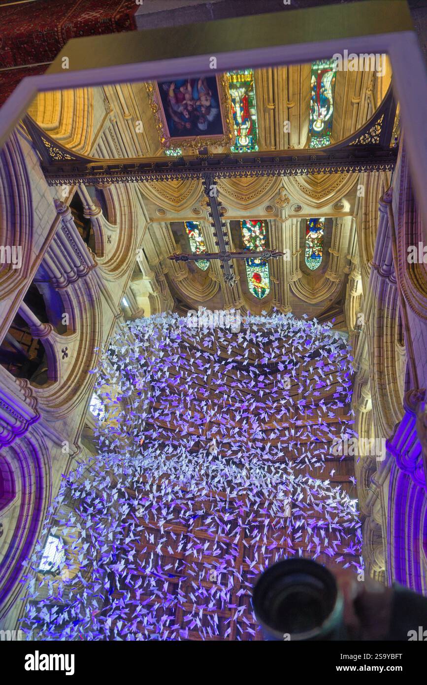 Fotografia interna dell'Abbazia di Hexham del XII secolo con origami 'stelle per l'eternità' sul tetto. Hexham; Northumberland; Inghilterra; Regno Unito Foto Stock