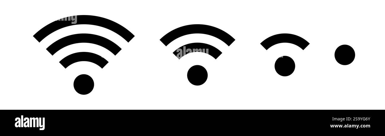 Set di icone vettoriali Wi-Fi per comunicazioni e telecomunicazioni. Livello del segnale wireless di comunicazione wi-fi. Illustrazione Clipart. Stato della barra mobile. Illustrazione Vettoriale