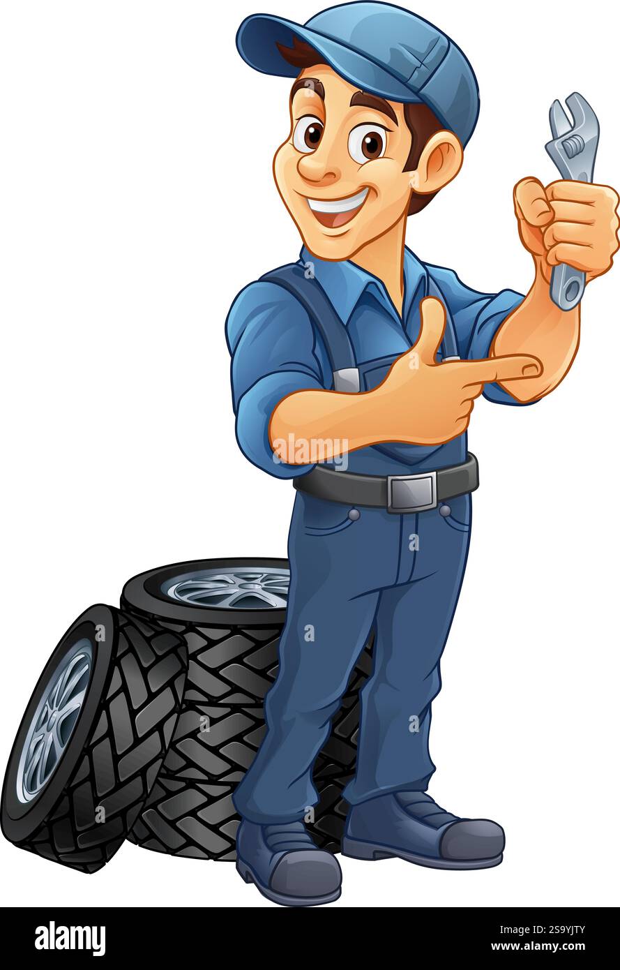 Pneumatico pneumatico meccanico per l'assistenza auto Mascotte Cartoon Man Illustrazione Vettoriale