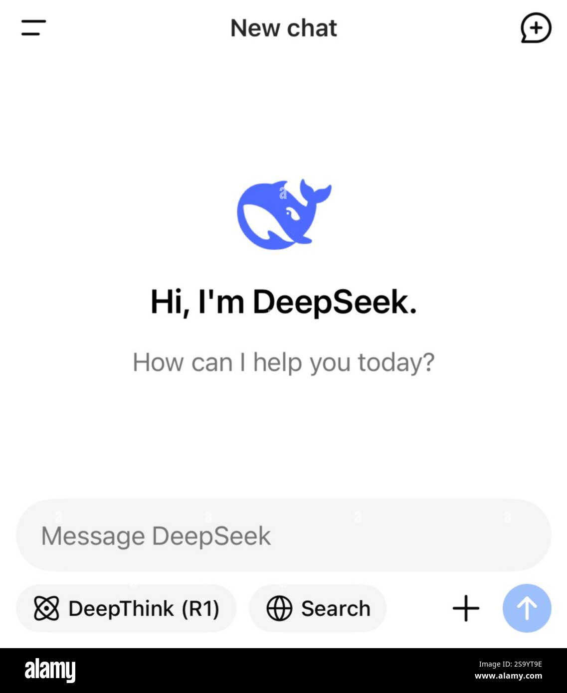 Schermata di benvenuto Deepseek "Ciao, sono Deepseek" "come posso aiutarti oggi?" Foto Stock