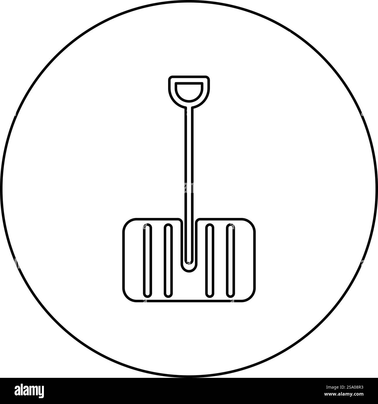 Icona di sgombero della pala da neve invernale in cerchio, colore nero, immagine vettoriale, contorno linea sottile, stile semplice. Icona di sgombero della pala da neve invernale in cerchio, immagine vettoriale di colore nero, contorno linea sottile Illustrazione Vettoriale