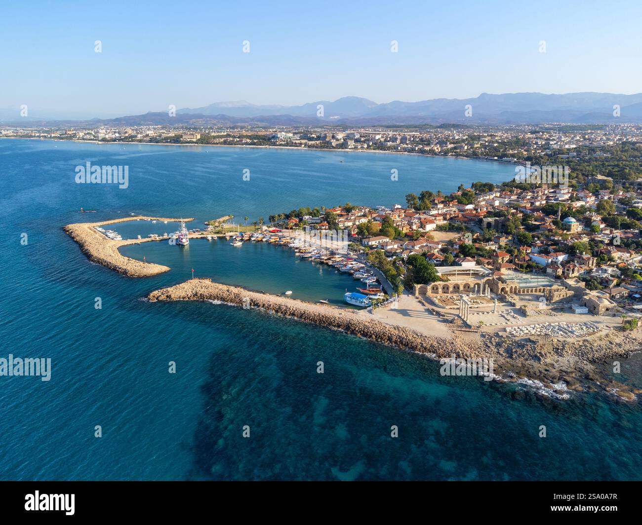 Vista aerea della penisola di Side, Turchia Foto Stock