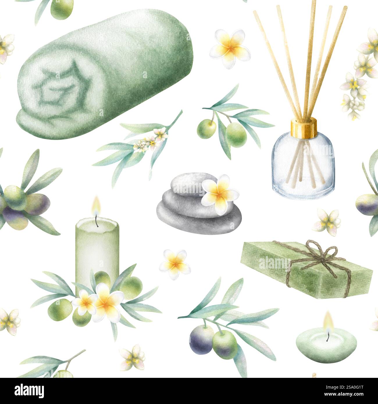 Sapone di oliva aleppo, asciugamano arrotolato, candele, diffusore di aroma, ciottoli impilati, fiori di frangipani e rami di ulivo. Disegno ad acquerello stampato a mano con struttura senza cuciture isolata per l'imballaggio e il design di un salone spa. Foto Stock