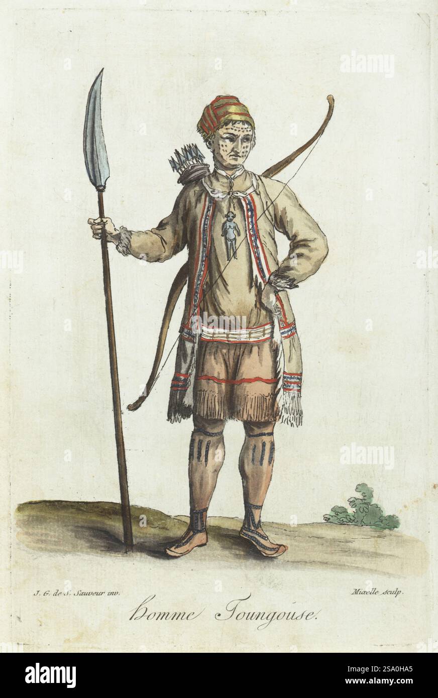 Evenki o Tungus, Siberia, Russia. Indossa un berretto in pelliccia, puntini blu sul viso, cappotto in pelle di renna, grembiule in pelle con frange e pezzo di stomaco ricamato decorato con perle di vetro. Un idolo di ferro gli pende dal collo. Cacciatore con lancia, arco e faretra di frecce. Homme Tongouse. Incisione in rame colorata a mano di Jean-Marie Mixelle dopo un'illustrazione originale di Jacques Grasset de Saint-Sauveur da Costumes civils actuels de tous les peuples connus di Sylvain Marechal, dessines d'apres nature, costumi civili attuali di tutti i popoli conosciuti, tratti dalla natura, Chez Pavard, Parigi, 1788. Foto Stock
