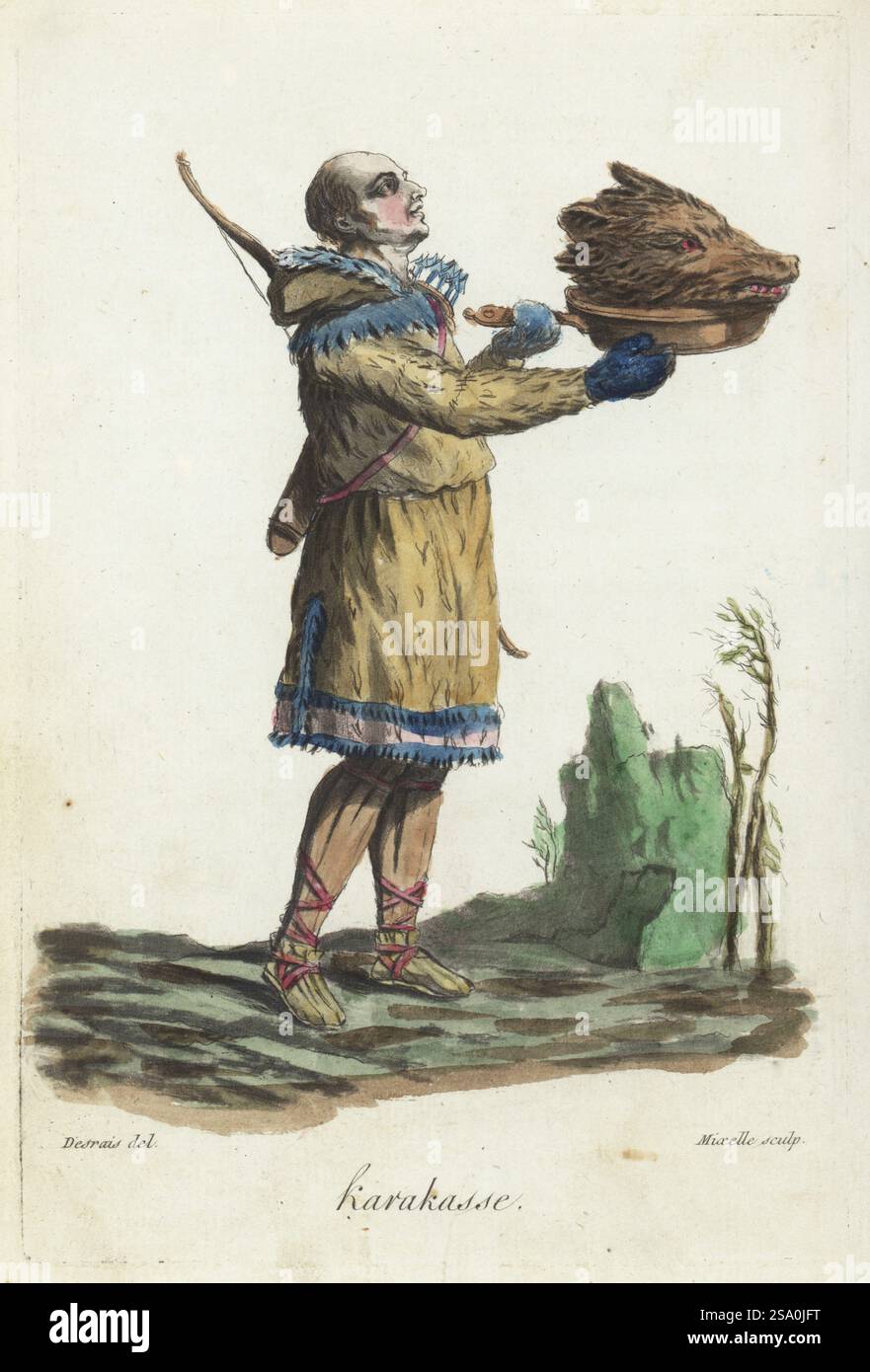 Khakas o cacciatore Khakhassiano che offre la testa di un orso al sole, Siberia, Russia. Armato di arco e tremola di frecce, indossa un parka di pelliccia animale con cappuccio, guanti, pantaloni e scarpe di strisce di corteccia degli alberi, Lonicera pyrenaica. Popolo nomade del fiume Tasseva (Taseyeva), Siberia. Homme Karakasse. Incisione su lastra di rame colorata a mano di Jean-Marie Mixelle su disegno di Claude-Louis Desrais dopo un'illustrazione originale di Jacques Grasset de Saint-Sauveur dai costumi civici di Sylvain Marechal actuels de tous les peuples connus, dessines d'apres nature, attuali costumi civili di tutti k Foto Stock