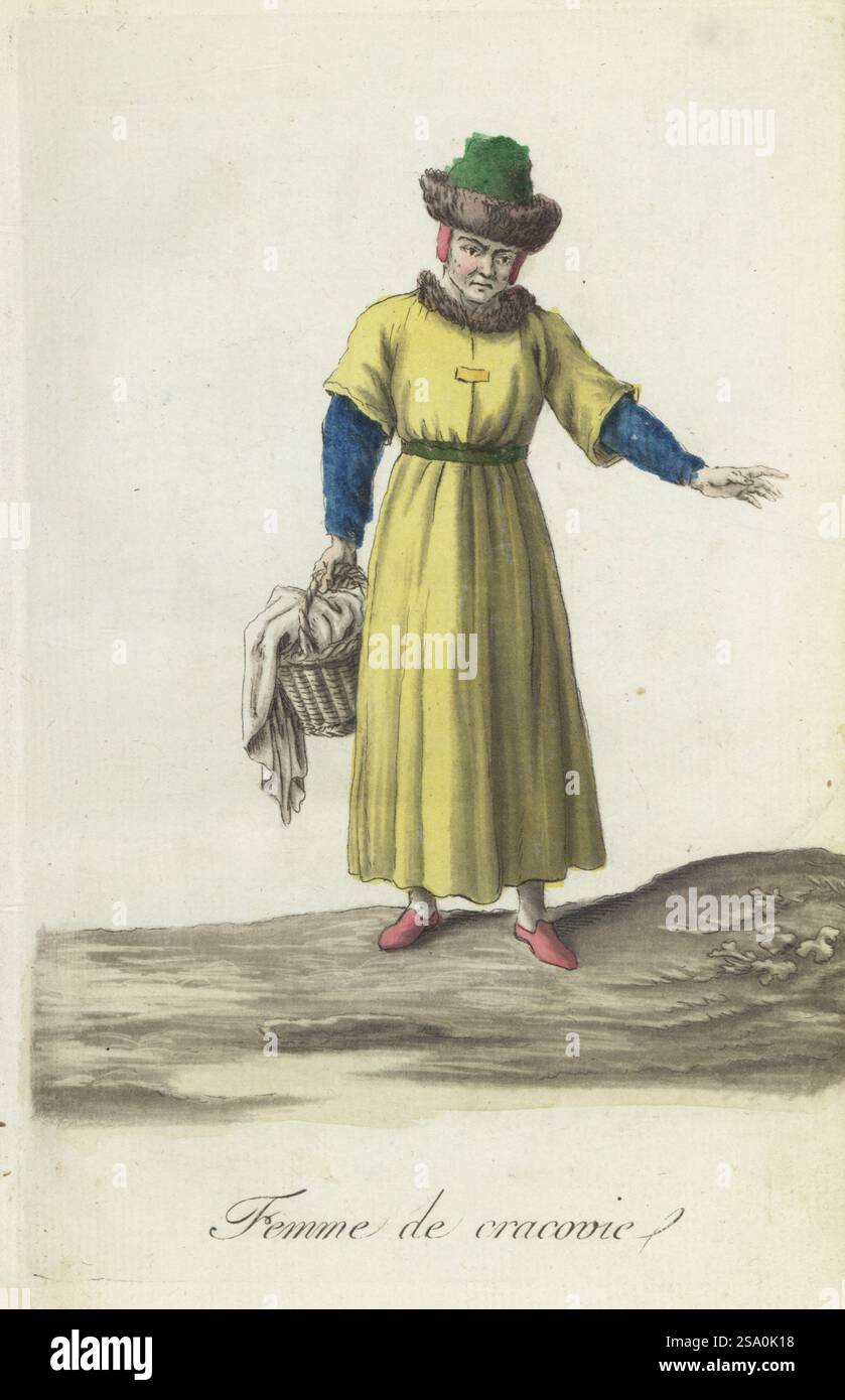 Donna polacca di Cracovia, Polonia, XVIII secolo. Cappotto a maniche corte con colletto in zibellino sopra un abito a maniche lunghe, che regge un cestino. Femme de Cracovie. Incisione in rame colorata a mano di Jacques Grasset de Saint-Sauveur dai costumi civici actuels de tous les peuples connus di Sylvain Marechal, dessines d’apres nature, costumi civili attuali di tutti i popoli conosciuti, tratti dalla natura, Chez Pavard, Parigi, 1788. Foto Stock