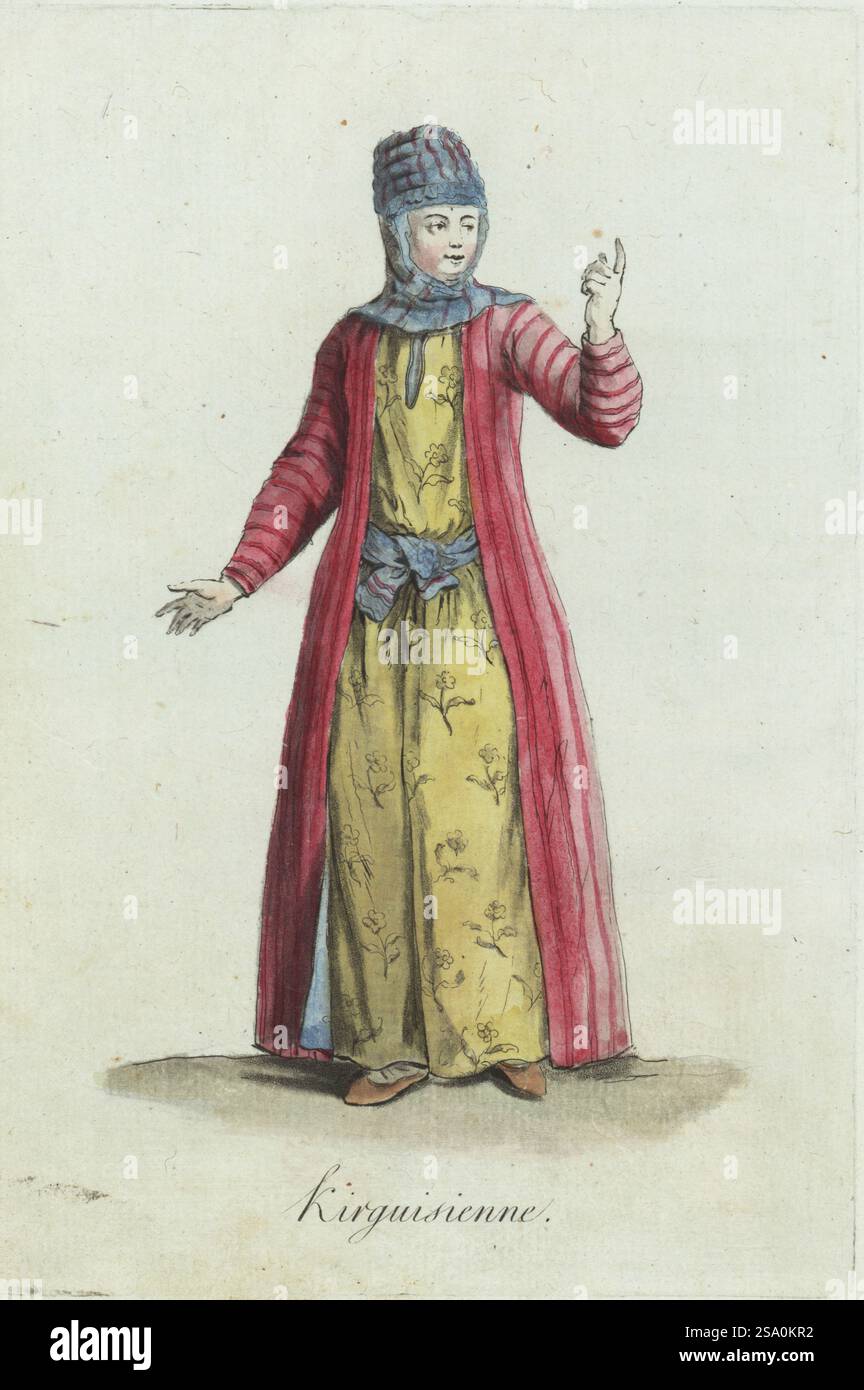 Costume di una donna kirghisa, Russia. Le donne sposate indossavano l'elechek, il turbante con il wimple, un lungo cappotto su un abito di seta ricamato. Kirguisienne. Incisione in rame colorata a mano di Jacques Grasset de Saint-Sauveur dai costumi civici actuels de tous les peuples connus di Sylvain Marechal, dessines d’apres nature, costumi civili attuali di tutti i popoli conosciuti, tratti dalla natura, Chez Pavard, Parigi, 1788. Foto Stock