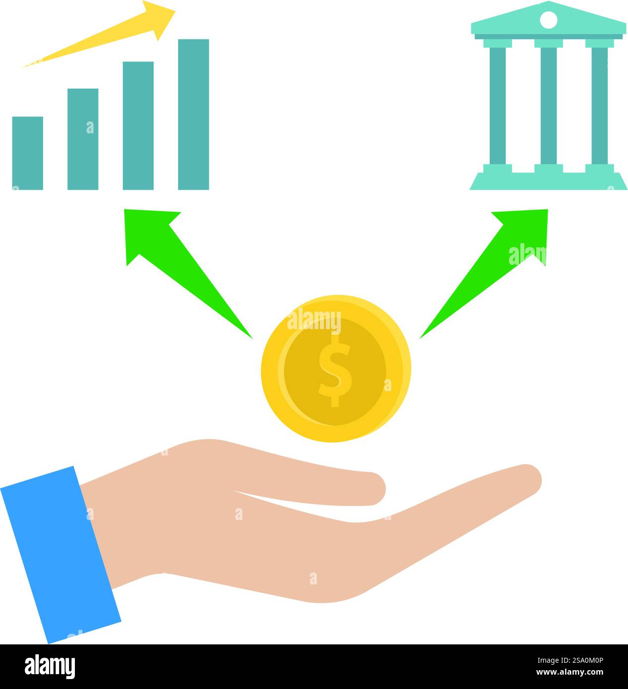 Mano con moneta d'oro con frecce che puntano al grafico a barre e all'edificio. Adatto a concetti di finanza, investimenti, successo, crescita aziendale. Illustrazione Vettoriale