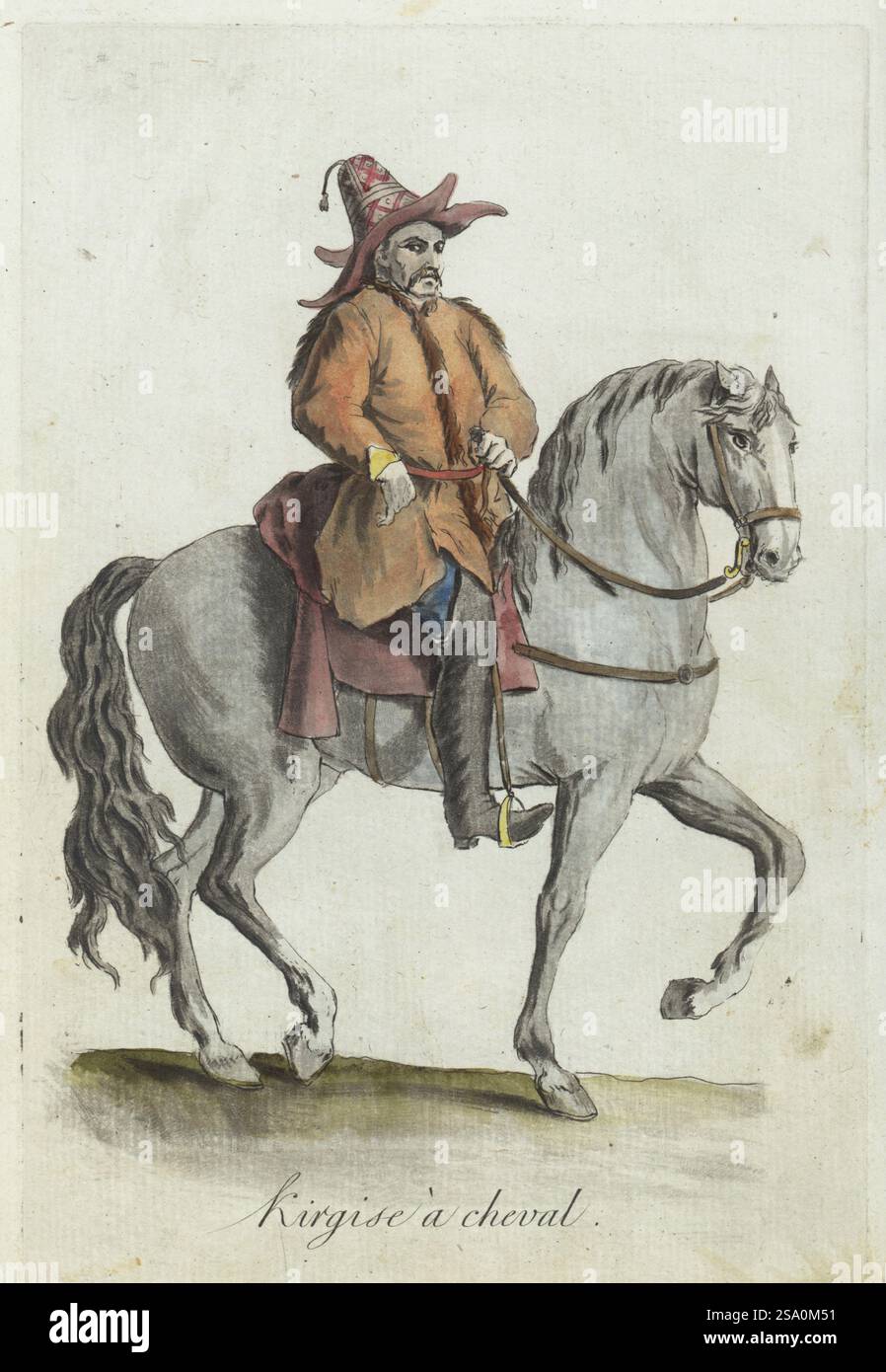 Uomo kirghiso a cavallo, Russia. Indossa un cappello di pelliccia o kalpak, un cappotto o una tonnellata di montone, breeches larghe o shym, e stivali di alta pelle o otyuк. Kirgise una cheval. Incisione in rame colorata a mano di Jacques Grasset de Saint-Sauveur dai costumi civici actuels de tous les peuples connus di Sylvain Marechal, dessines d’apres nature, costumi civili attuali di tutti i popoli conosciuti, tratti dalla natura, Chez Pavard, Parigi, 1788. Foto Stock